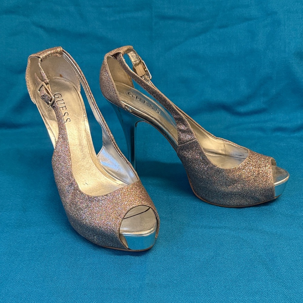 GUESS Women's Sparkling Peep Toe Heels - Silver